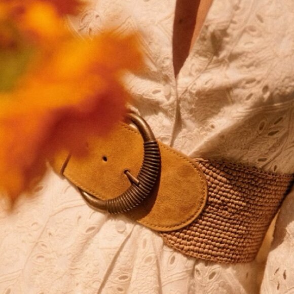 Sezane Carlie Belt Honey Wide Buckle Leather Antique Gold Size 80 cm 31.5 Inches - Picture 2 of 16